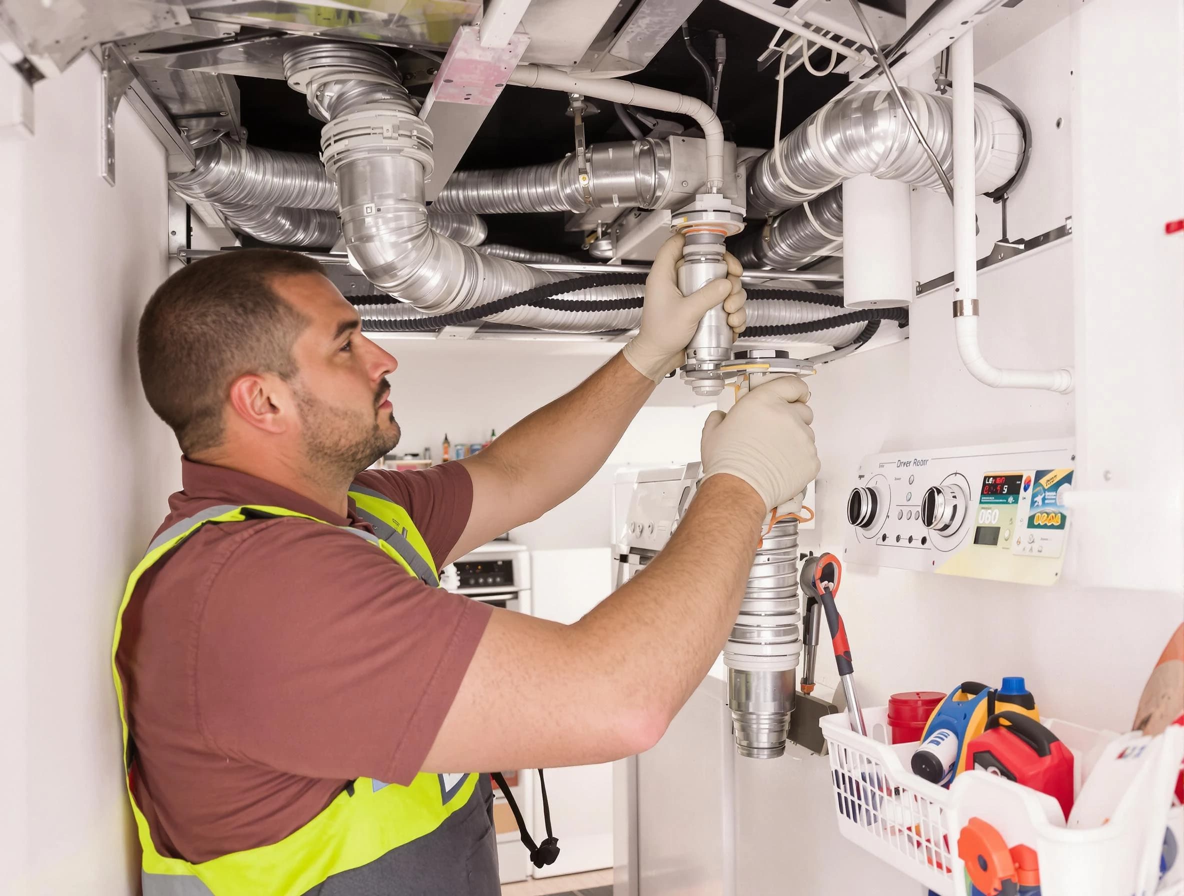 Temecula Dryer Vent Cleaning expert performing both repair and installation work on a dryer vent system in Temecula