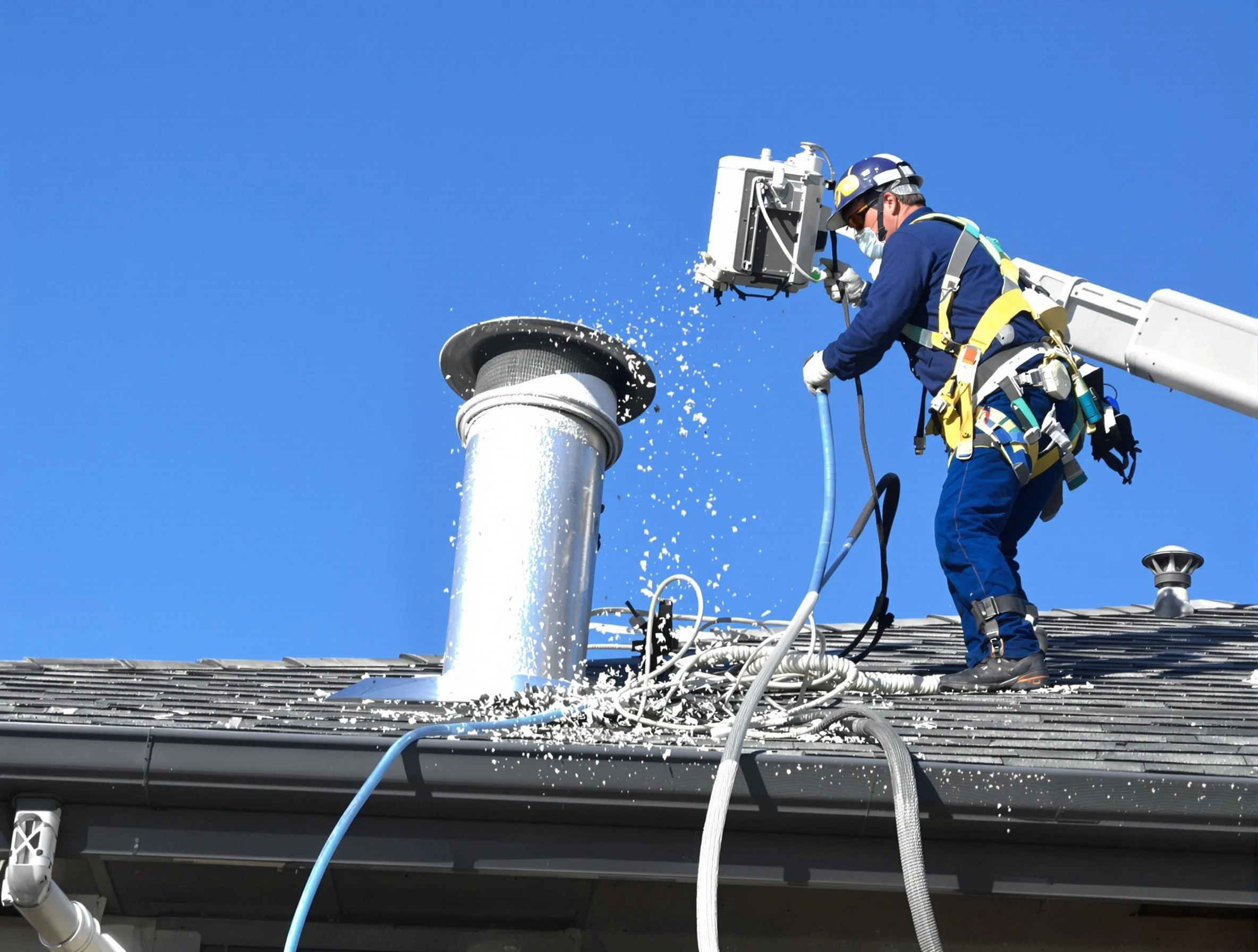 Temecula Dryer Vent Cleaning certified technician safely cleaning a roof-mounted dryer vent in Temecula