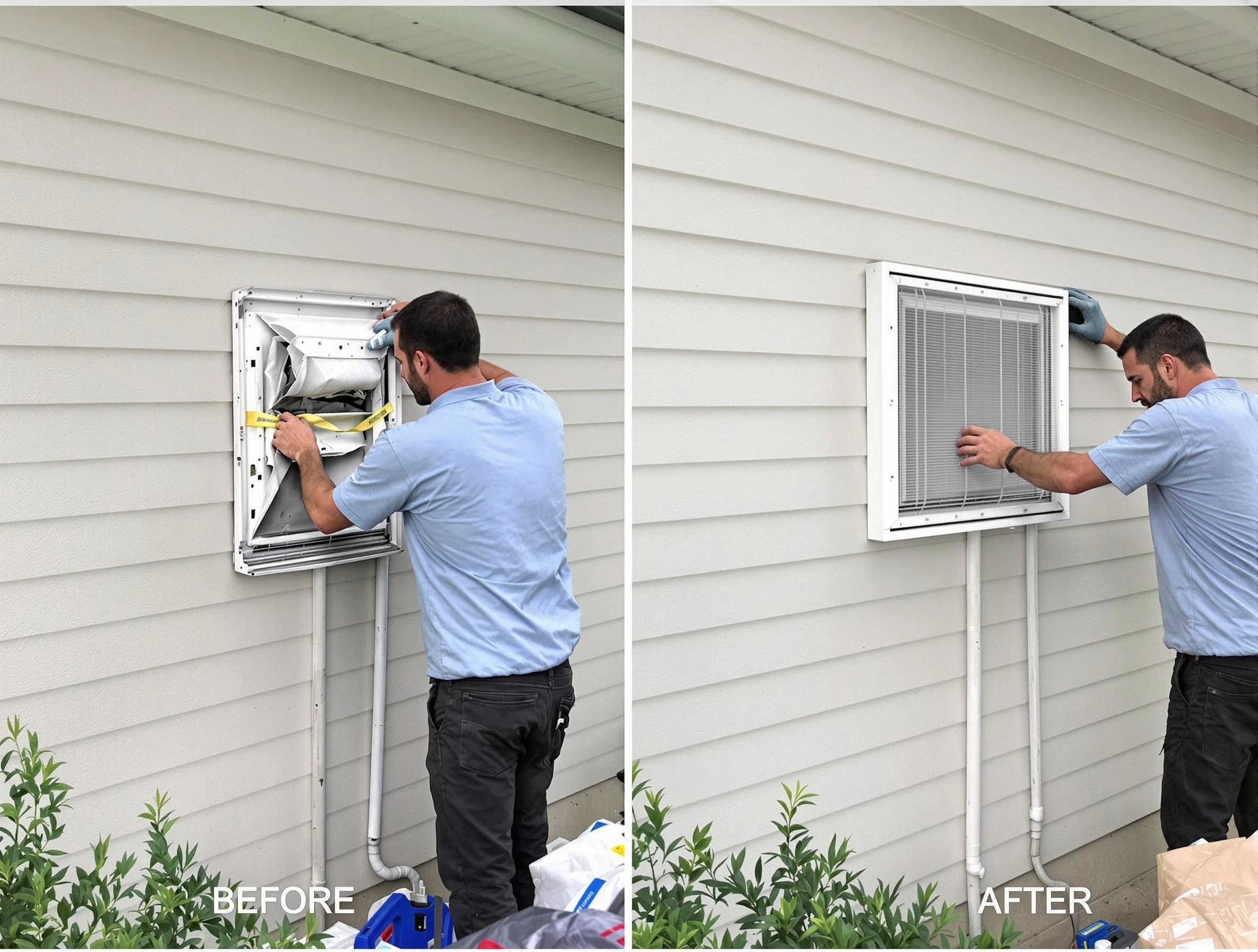 Temecula Dryer Vent Cleaning technician installing high-quality dryer vent cover at a residential property in Temecula